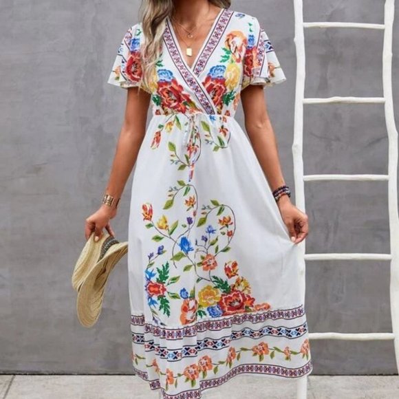 Overlap Collar Flutter Sleeves Tied Front Floral Midi Dress white - Picture 1 of 5